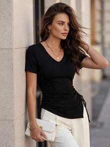 DONICY Women's Black V-Neck Short Sleeve Ruched Drawstring Side Split T-Shirt, Elegant Outfit For Spring Summer Casual Tops - Black - View 1