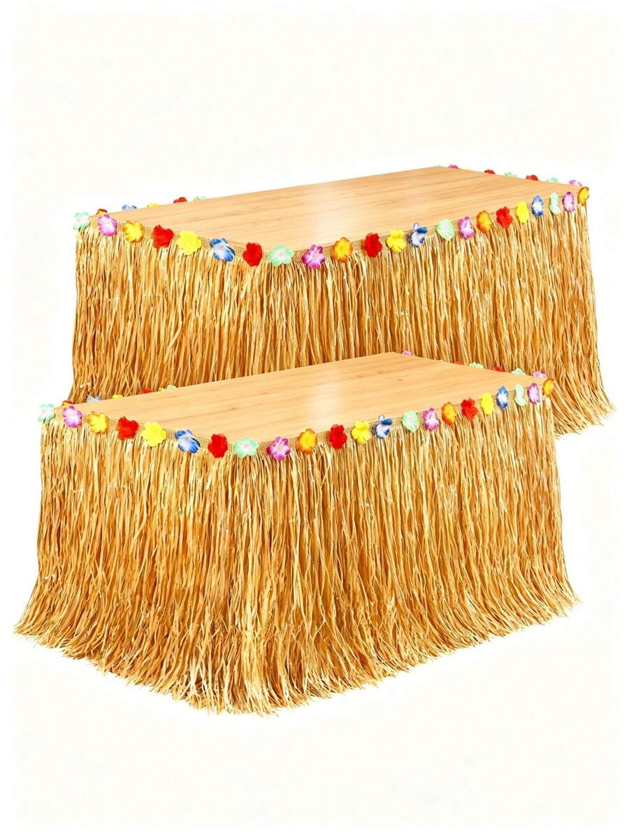 2/1件 Luau 草裙桌布，23.6 X 39.3 英吋夏威夷花卉桌布，適用於夏季海灘熱帶夏威夷派對裝飾、戶外活動 Luau 裝飾、生日派對，草黃色裙擺