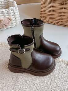 Kids Vintage Splicing Ankle Boots, Fashion Fabric & Smooth Texture Shoes With Single Buckle & Side Zipper, Non-Slip Chunky Sole Casual Walking Boots - Brown - View 3