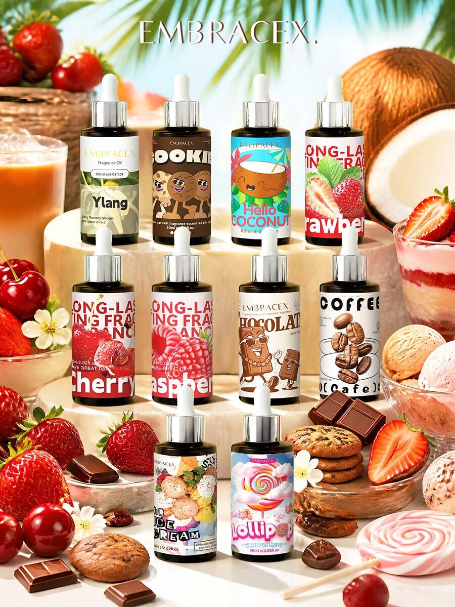 EMBRACEX. 60ml Fragrance Oil Set (With Dropper), Suitable For Reed Diffuser, Car Fragrance, Aroma Diffuser, Home Fragrance Products, Candle Scent - Vanilla, Raspberry, Strawberry, Lollipop, Coconut, Coffee, Chocolate, Ylang Ylang, Cherry, Gingerbread Man Gift Box Set, Vanilla Car Fragrance