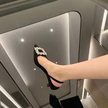 Sandal Wanita Ujung Lancip, Sepatu Hak Tinggi Stiletto Ujung Tertutup Model Baru - Hitam - View 3