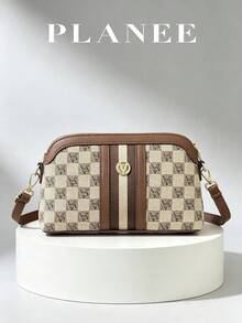 Brown Checkerboard Crossbody Bag For Women Faux Leather Purse With Gold Metal Lock Adjustable Strap Zip Closure - Multicolor - View 11