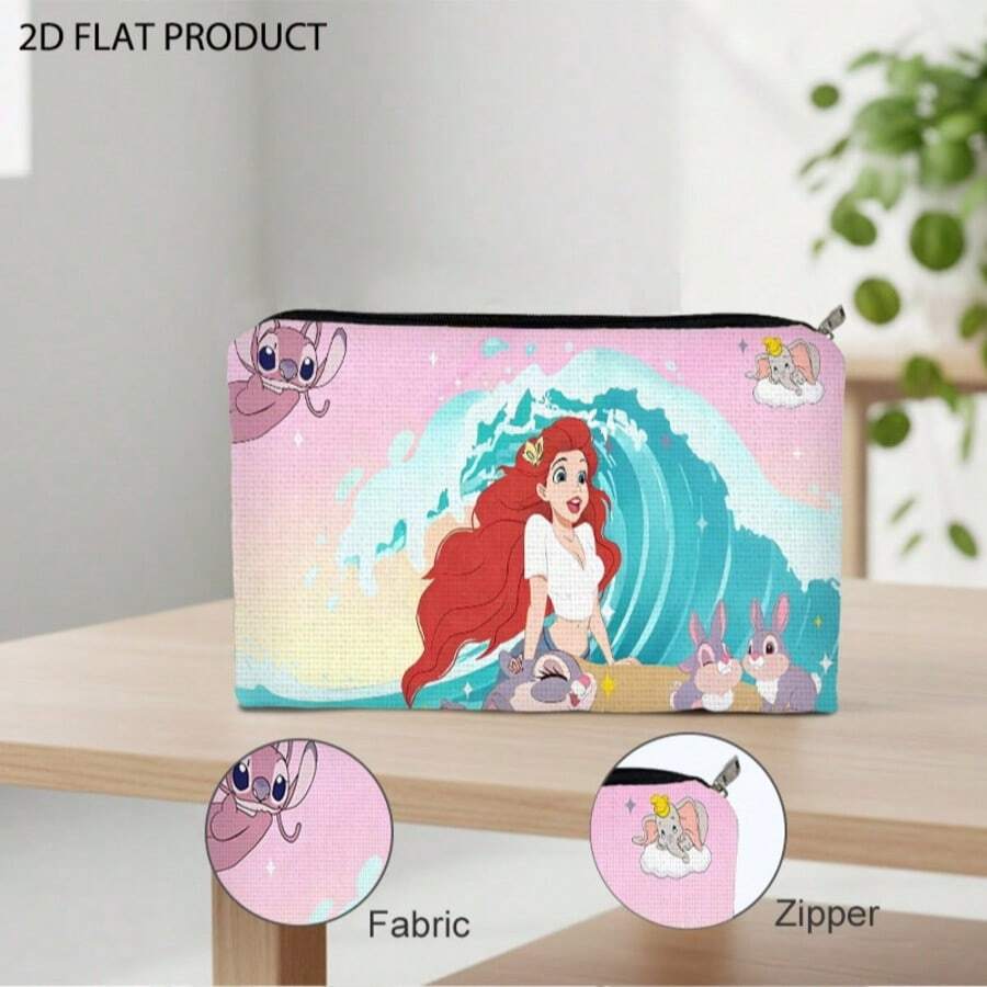 Disney The Ariel Cartoon Print Travel Cosmetic Bag, Durable Polyester Toiletry Organizer With Whimsical Dreamy Beach Design, Multiple Specifications Available, Perfect For Travel & Daily Beauty Storage - Multicolor - View 1