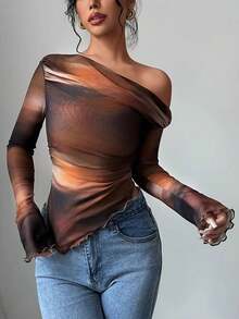 Áo blouse nữ thanh lịch bằng lưới xuyên thấu, tay dài, trễ vai, ôm sát, nhún bèo, họa tiết in, phong cách thời trang thường ngày đi chơi - Cà phê nâu - Xem 5