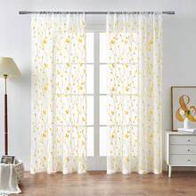 2pcs Embroidered Semi-Sheer Curtains, Light Filtering, Suitable For Kitchen, Home Or Office, Solid Color Design, Modern Country Style, Suitable For Bedroom And Living Room Use - Yellow - View 2
