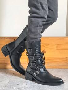 ZCZ Mid‑Calf Knight Boots With Multi‑Buckle Decor, Lace‑Up Side Zipper Chunky Heel Western Style Boots - Black - View 8