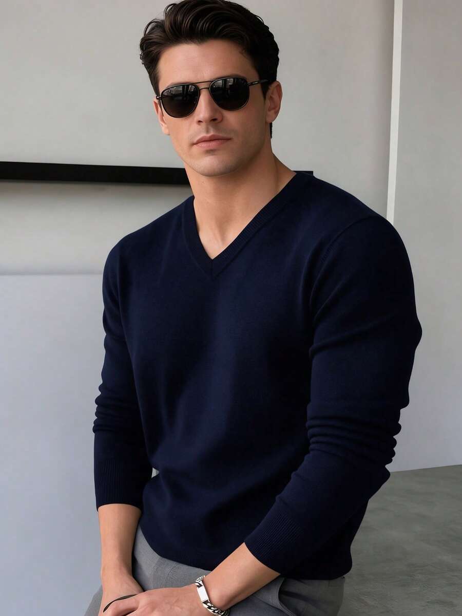 ALTZTAR Men's Solid Color V-Neck Casual Long Sleeve Pullover Sweater - Navy Blue - View 1