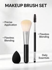 3Pcs Makeup Brush,Portable Cosmetic Tool Set For Foundation Blush Powder,Ideal For Daily Use And Makeup Beginner - Black - View 2