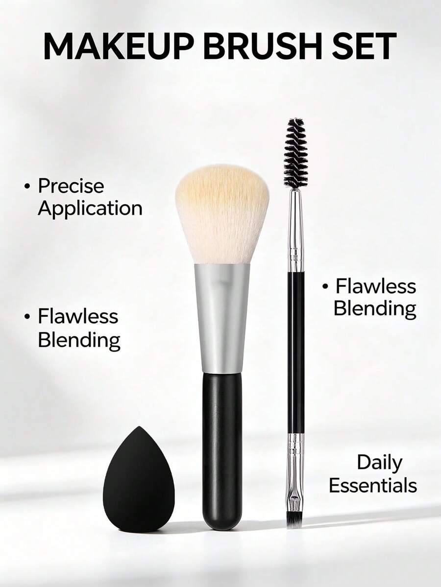 3Pcs Makeup Brush,Portable Cosmetic Tool Set For Foundation Blush Powder,Ideal For Daily Use And Makeup Beginner