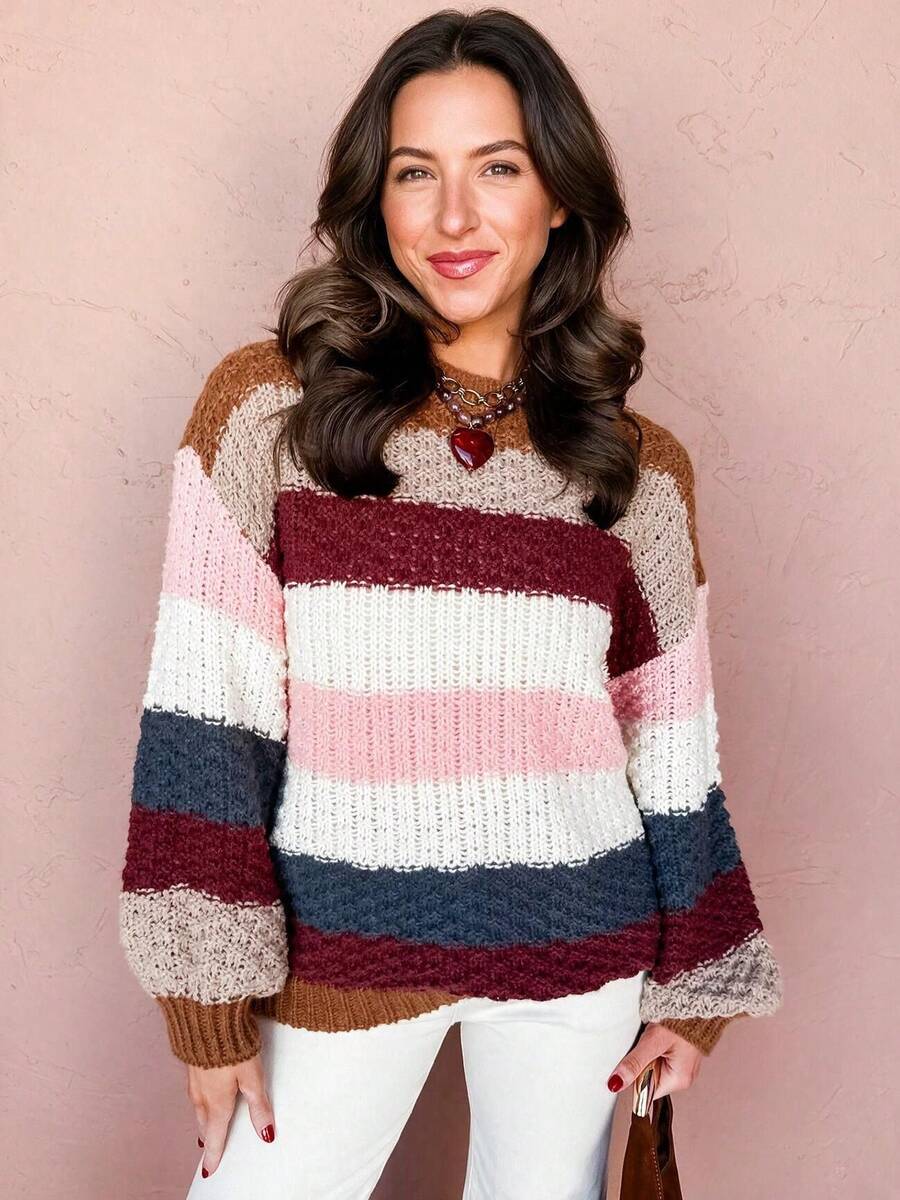 Acelitt Women's Striped Colorblock Pullover Sweater, Long Sleeve Knit Top With Ribbed Trim, Suitable For Spring And Autumn - Multicolor - View 1