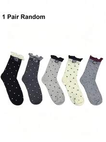 Mid-Calf Socks, Spring/Autumn Ballet Style Lace Socks, Women's Polka Dot Fashion Fabric Label Ins Minimalist Ruffle Stacked Socks - Multicolor - View 11