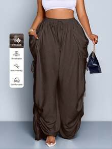 Women's Plus Size Casual Loose Drawstring Pleated Wide Leg Pants - Mocha Brown - View 1