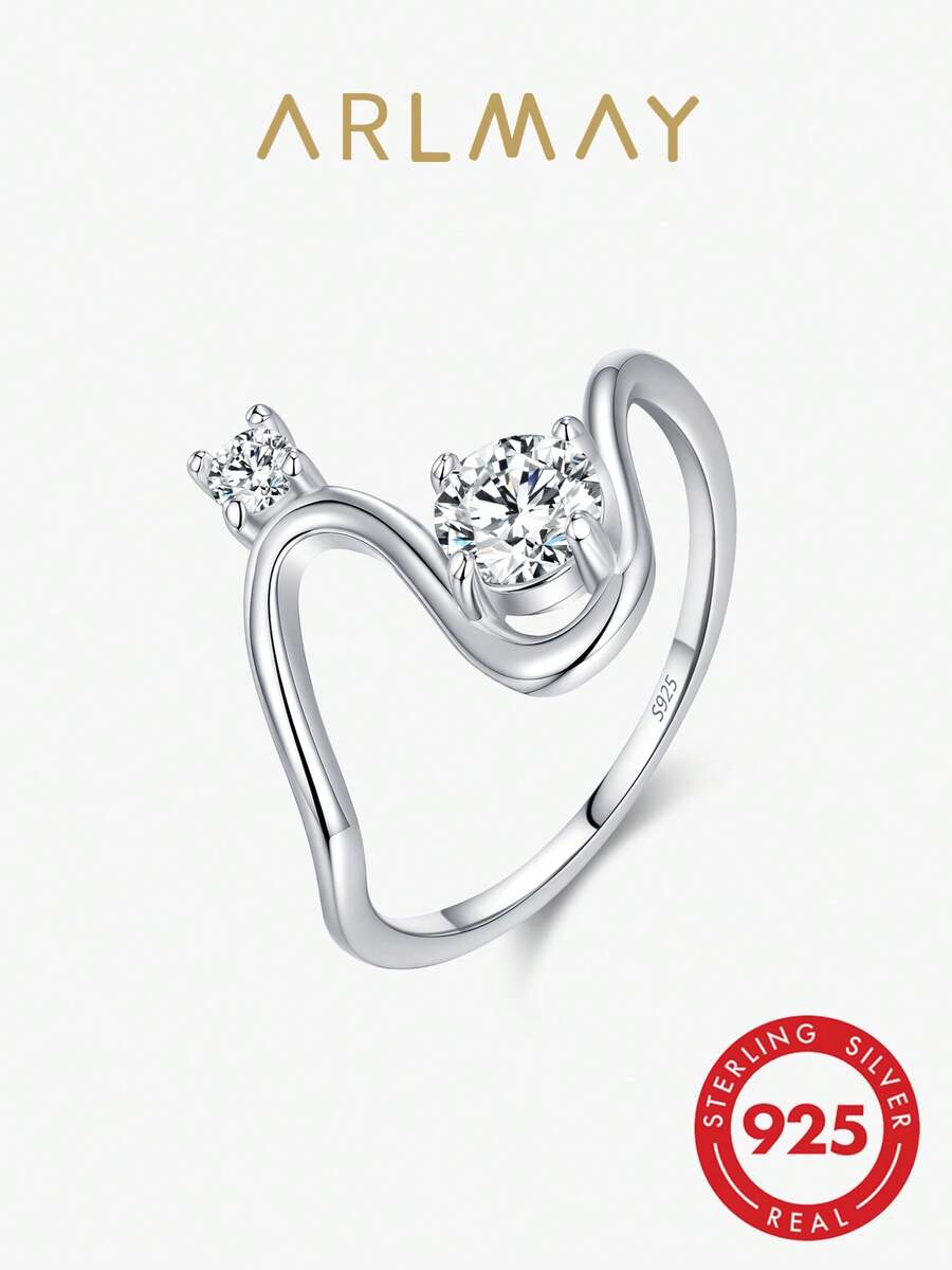 Arlmay 1pc 925 Sterling Silver Geometric Line Design Dazzling Clear CZ Finger Rings For Women Fine Jewelry Gifts - Silver - View 1