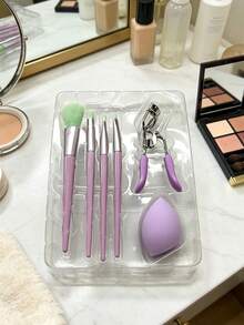 4pcs Makeup Brush Set With Eyelash Curler And Makeup Sponge, Multi-Functional Makeup Tool Set, Suitable For Foundation, Eyeshadow, Blush, Portable Makeup Gift Box, Suitable For Girls And Women - Multicolor - View 3
