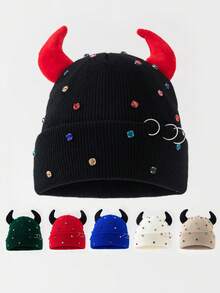 1pc Men's Fashion Solid Color Devil Horn Rhinestone Metal Ring Beanie Knit Hat, Warm For Autumn/Winter, Suitable For Daily Wear And Outfits - A - View 2