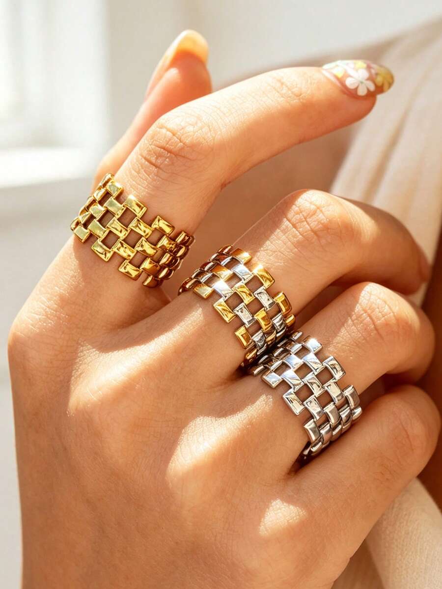 3pcs/1pc Vintage Minimalist 18K Gold Plated Stainless Steel Open Adjustable Rings, Stackable Women's Jewelry, Suitable For Daily Wear, Gift For Her - Multicolor 3 - View 1