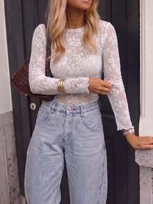 Women's Elegant White Lace Long Sleeve Round Neck Semi-Sheer Blouse - White - View 6