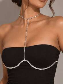 XYHEALER 1pc Silver Rhinestone Body Chain For Women, Crystal Chest Chain Necklace, Sparkly Choker Body Jewelry For Party, Club, Festival Outfit - Multicolor - View 3