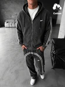 YUNCHIC High Street Washed Distressed Curved Double White Stripe Sports Set Vintage Loose Zipper Hooded Jacket Flared Sweatpants 2 Pieces Set - Black - View 2