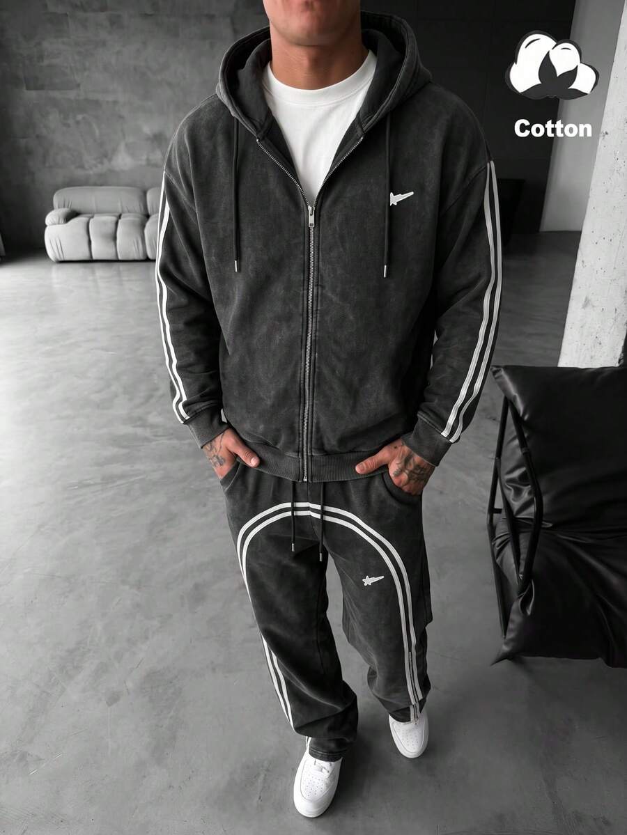 YUNCHIC High Street Washed Distressed Curved Double White Stripe Sports Set Vintage Loose Zipper Hooded Jacket Flared Sweatpants 2 Pieces Set - Black - View 1