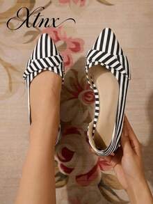 Women's Breathable Fabric Bow Pleated Black & White Vertical Striped Pointed Toe Flat Shoes - Black - View 1