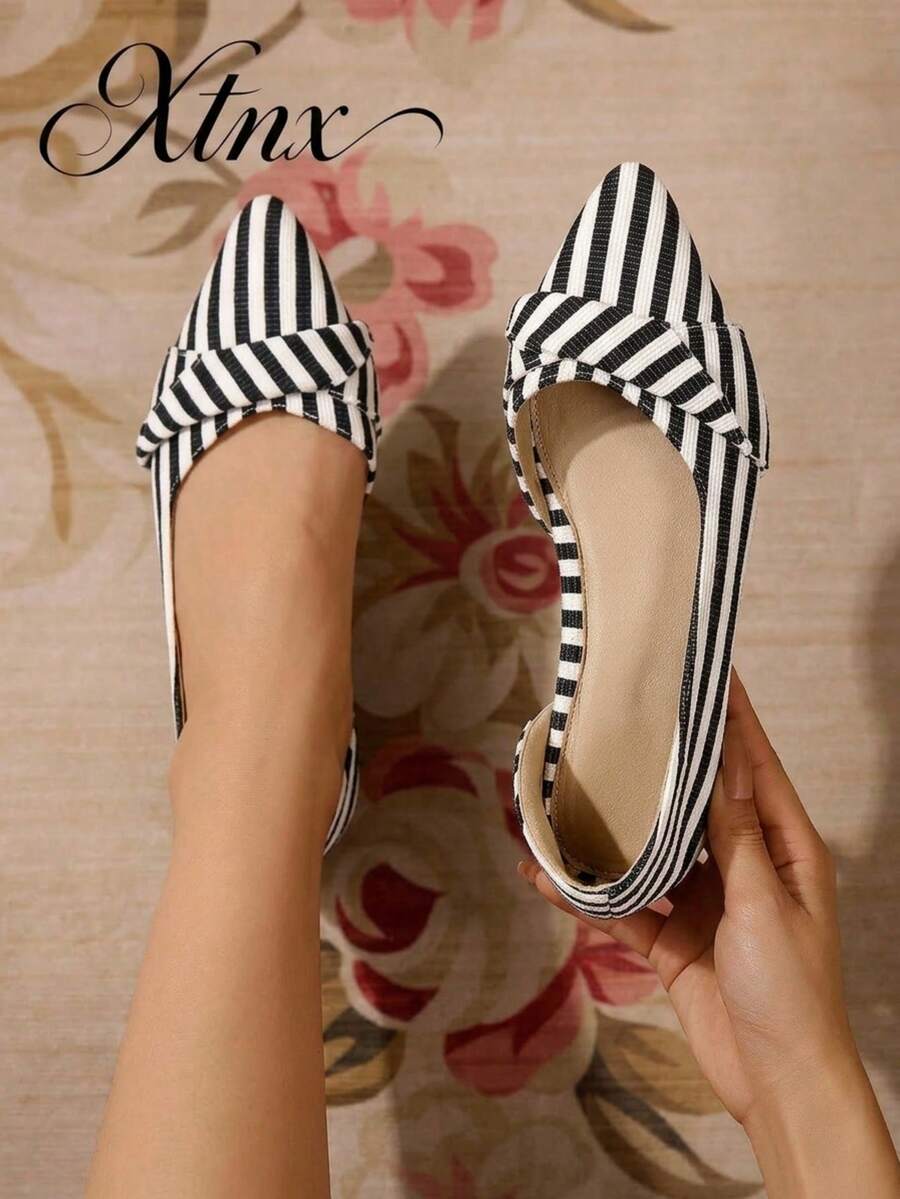 Women's Breathable Fabric Bow Pleated Black & White Vertical Striped Pointed Toe Flat Shoes - Black - View 1