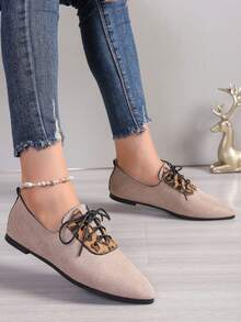 Leopard Print Patchwork Pointed Toe Flat Shoes For Women, Lace-Up Matte Low Vamp, Vintage Elegant Soft Sole Comfortable Commuter Shoes - Beige - View 6