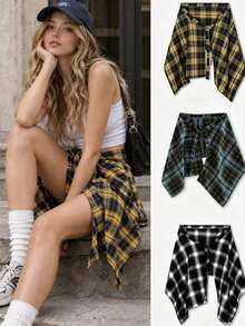 New Plaid High-Waist Skirt With Decorative Drawstring Design, Unisex, Adjustable Tie, Ruffle Hem, Suitable For Home Wear, Autumn/Winter - Multicolor - View 1