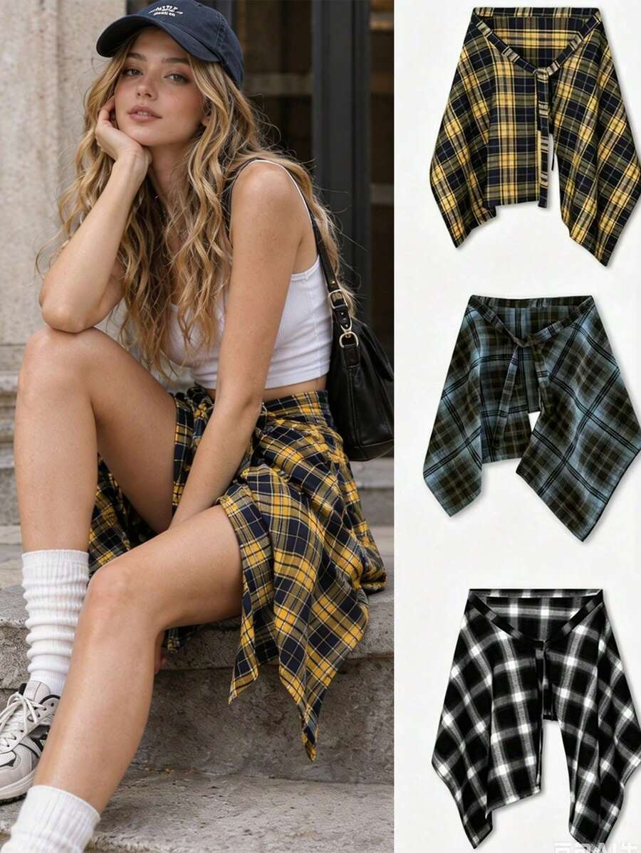 New Plaid High-Waist Skirt With Decorative Drawstring Design, Unisex, Adjustable Tie, Ruffle Hem, Suitable For Home Wear, Autumn/Winter - Multicolor - View 1