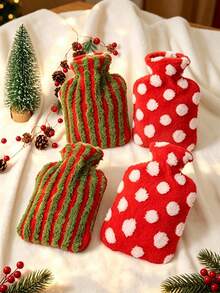 1pc Christmas Plush Hot Water Bottle Cover, Thickened Plush Fabric, Snowflake And Stripe Pattern Warm Hand Protection, Reusable Hot Water Bottle Cap, Suitable For Winter Use, Christmas Gift, Christmas Stocking Filler, Gift For Women - Multicolor - View 4