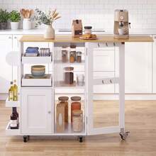 Kitchen Island On Wheels W/Drop Leaf,Kitchen Trolley W/ Towel&Spice Rack,Dual-Sided Sliding Tray,StorageCabinet,Open Shelves,Hooks,Serving Cart Storage Trolley For Kitchen,Dining,Living Room - White - View 1