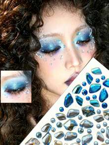 1pc Autumn/Winter New Blue Gradient Faux Ice Cube Face Sticker, Y2K Gothic Style Gradient Blue Ice Cube Face Makeup Decor Rhinestone Sticker, Professional DIY Supplies For Face Sticker Store, Suitable For Concerts, Christmas - Multicolor - View 4
