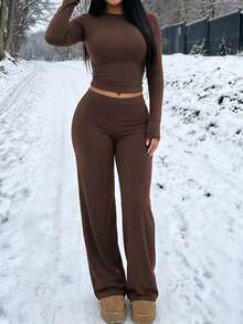 GLAMSIKIN Women's 2 Pieces Set Top,Fall Winter Casual Loungewear Homecoming Daily Elegant - Brown - View 4