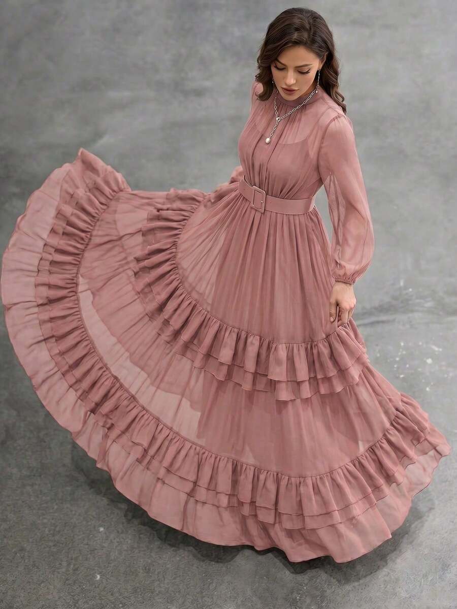 Elegant Women's New Solid Color Long Sleeve Multi-Layer Patchwork Design All-Season Full Skirt Dress - Dusty Pink - View 1