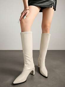 Women's Plus Size Beige Pointed Toe Knee-High Boots, Back Zipper Slim Fit Tall Boots, Chunky Square Heel Glossy Solid Color Upper, Suitable For Daily, Date, Party, Autumn/Winter Outfits - Off White - View 3