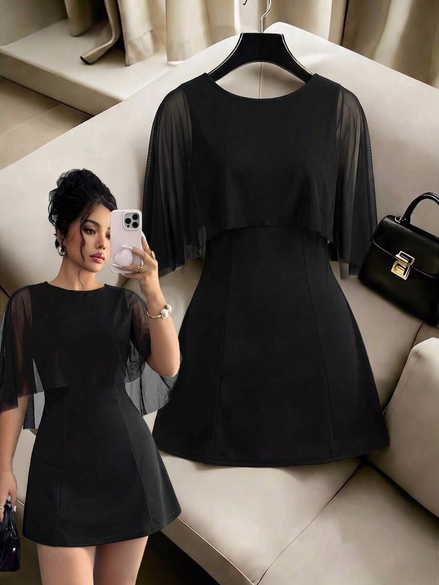 Women's Black Mesh Cap Sleeve 2 In 1 Cinched Waist A-Line Short Dress, Solid Color, Elegant - Black - View 1