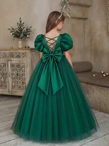 Tween Girl Christmas Dress With Bow Backless Deep V Puff Sleeve Tulle Princess Dress, Suitable For Birthday Party, Wedding, Flower Girl, Prom, Holiday Occasions - Dark Green - View 1