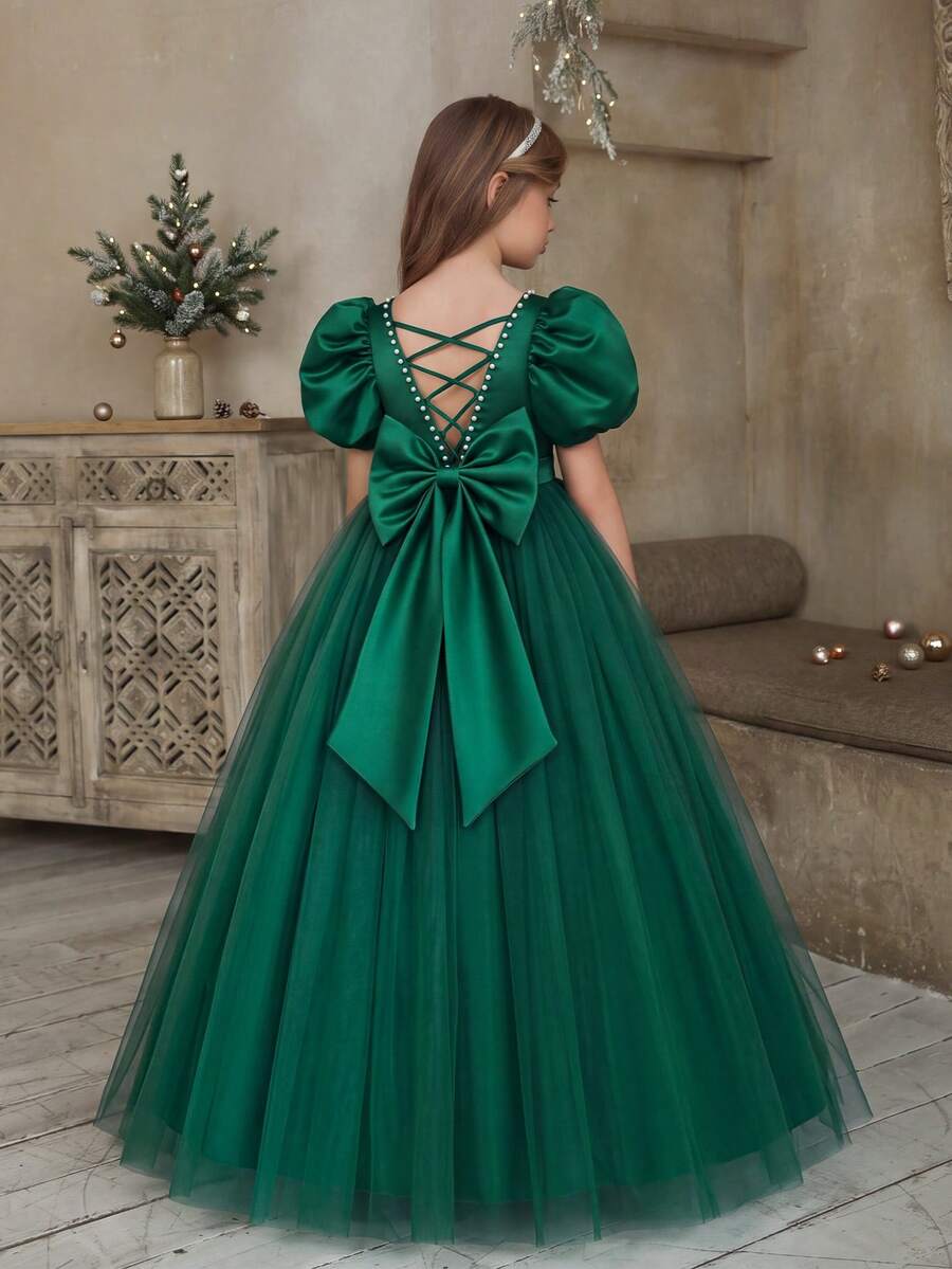 Tween Girl Christmas Dress With Bow Backless Deep V Puff Sleeve Tulle Princess Dress, Suitable For Birthday Party, Wedding, Flower Girl, Prom, Holiday Occasions - Dark Green - View 1