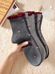 4 Pairs Women's Cute Cartoon Bow, Floral, Striped, Lace Pattern Mid-Calf Socks, Casual Comfortable School Style Student Socks, Fashionable Comfortable Random Colors Suitable For Daily Wear Spring Summer Autumn Winter All Seasons - Multicolor - View 8