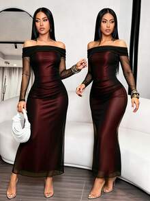 RNU Women's Autumn/Winter Evening Party Dress, Off-Shoulder Contrast Color Mesh Long Dress With Ruched 2 In 1 Design, Mesh Long Sleeve Slim Fit Dress, Atmospheric Party Gown - Black - View 11