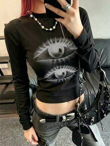 女款圓領長袖短版修身T恤，春秋新款眼睛圖案印花，時尚休閒百搭上衣，黑色 - 黑色 - 查看 7