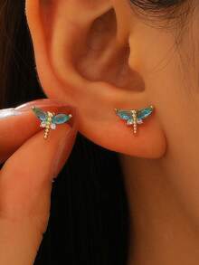 1 Pair Mini Dragonfly Stud Earrings, Cute Insect Series, Versatile Daily Wear For Women - Gold - View 5