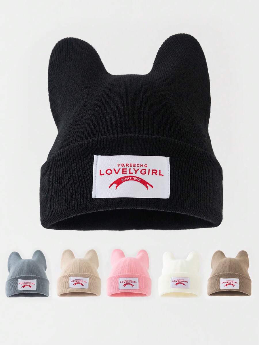 1pc Women's Fashion Solid Color Cute Cat Ear Design Fabric Label Beanie Knit Hat, Suitable For Autumn/Winter Warmth, Daily Wear And Outfits - A - View 1
