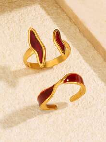 2pcs Stainless Steel Red Fashionable Personalized Minimalist Casual Style Geometric Asymmetrical Asymmetric Ring Set Suitable For Women's Daily, Holiday, Date Wear - Multicolor - View 6