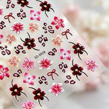 Fall Autumn 5D Embossed Nail Decals 1 Sheet Retro Burgundy Floral Leopard Print Bow Pattern Self‑Adhesive Nail Stickers Chic Vintage Flower Animal Element Manicure Supplies For Fall Nails - Multicolor - View 5