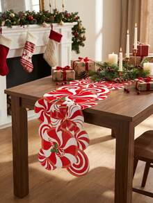 糖果棒薄荷漩渦不對稱聖誕桌旗，紅白色糖果漩渦蝴蝶結印花波浪邊餐桌裝飾，甜美復古節日風，適用於聖誕早午餐、聖誕主題派對、冬季款待與節日餐桌布置 - 彩色 - 查看 7