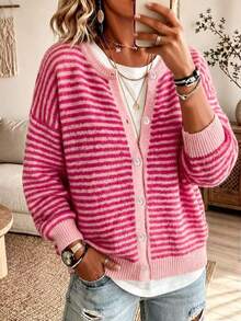 OxyCloset Women's Pink Striped Front Button Knit Cardigan, Long Sleeve Ribbed Design, Elegant And Versatile, Suitable For Home Or Outdoor Wear In Autumn/Winter - Multicolor - View 6