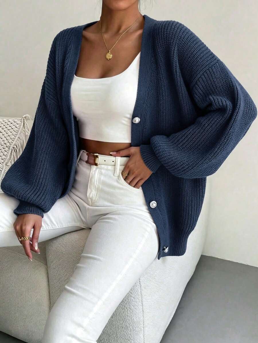 Women's Casual Navy Blue Knit Cardigan, Front Button Design, Long Lantern Sleeves, Autumn/Winter Outfit - Navy Blue - View 1