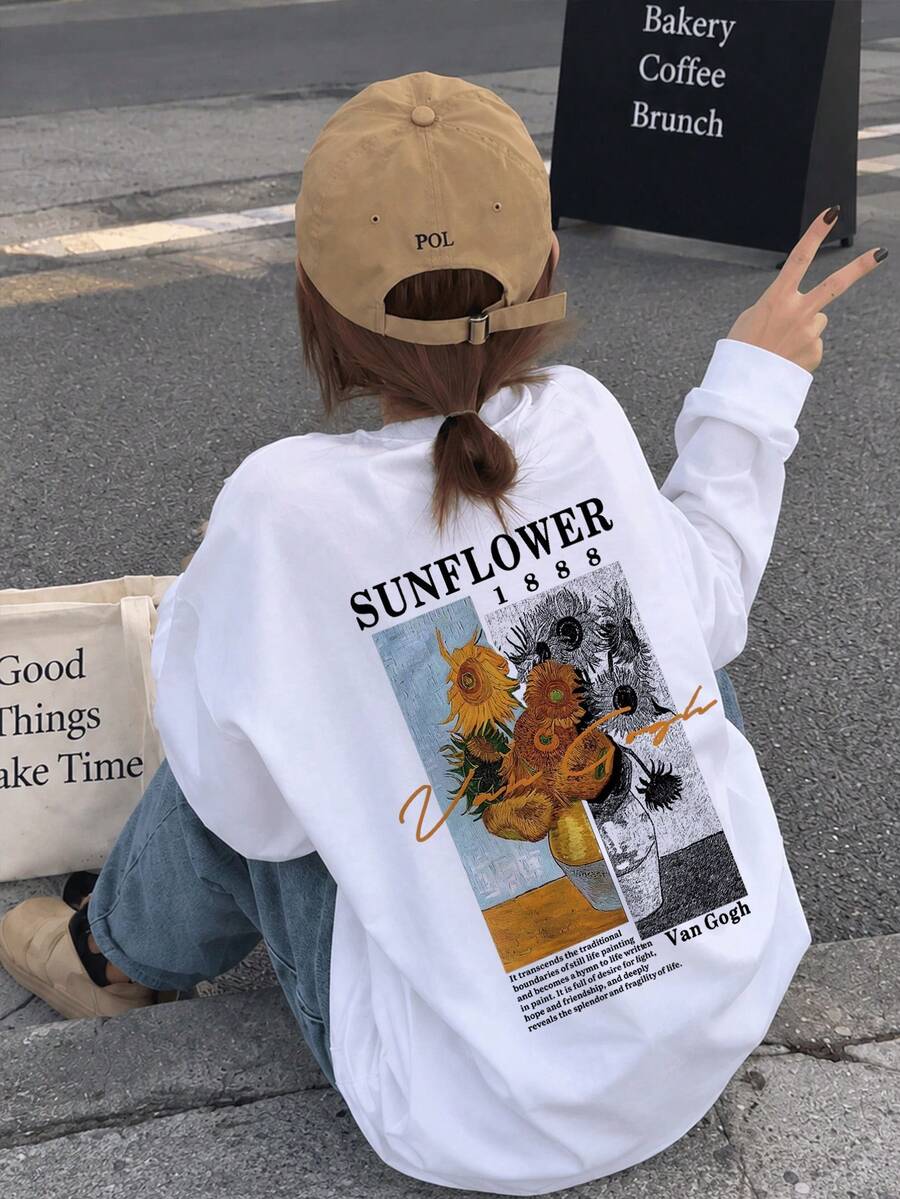 女款時尚秋冬寬鬆百搭字母與向日葵印花長袖T恤休閒風 - 白色 - 查看 1