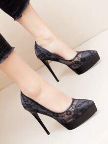 1 Pair Solid Color Sexy Fabric Lace Patchwork Waterproof Platform High Heel Stiletto Pointed Toe Pumps For Outdoor Spring Autumn - Black - View 1